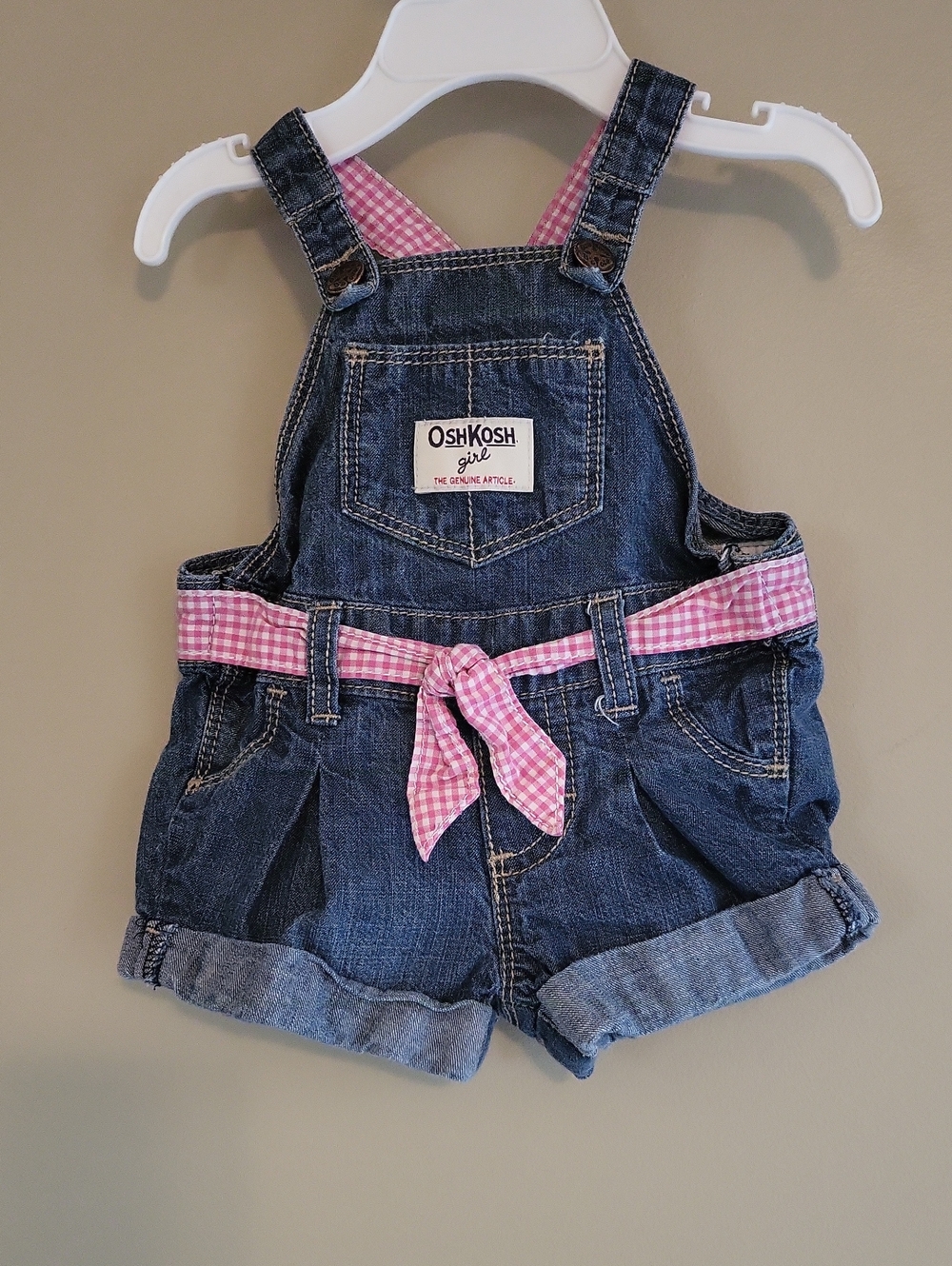 Adorable OshKosh B'gosh denim shortalls with pink gingham trim